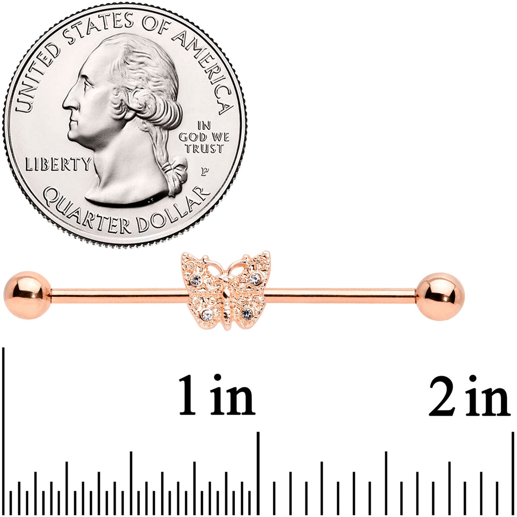14G Clear Gem Rose Gold Tone Butterfly Industrial Barbell 38mm