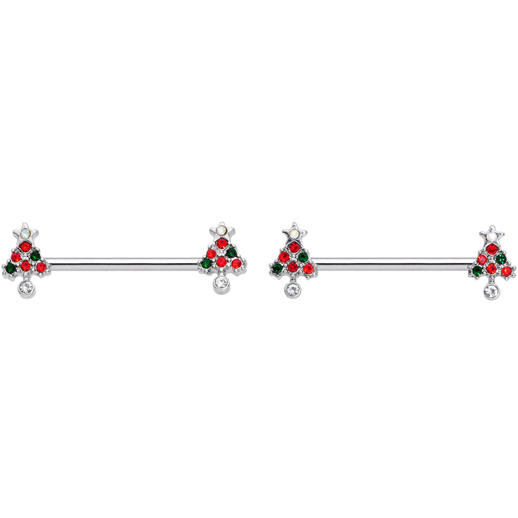 14G 11/16 Clear Red Green Gem Christmas Tree Nipple Ring Set