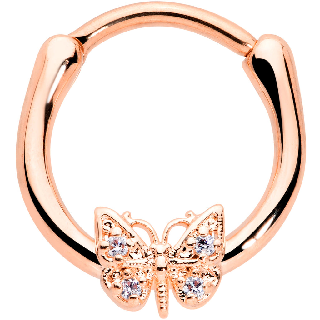 16G 3/8 Clear Gem Rose Gold Hue Butterfly Cartilage Clicker