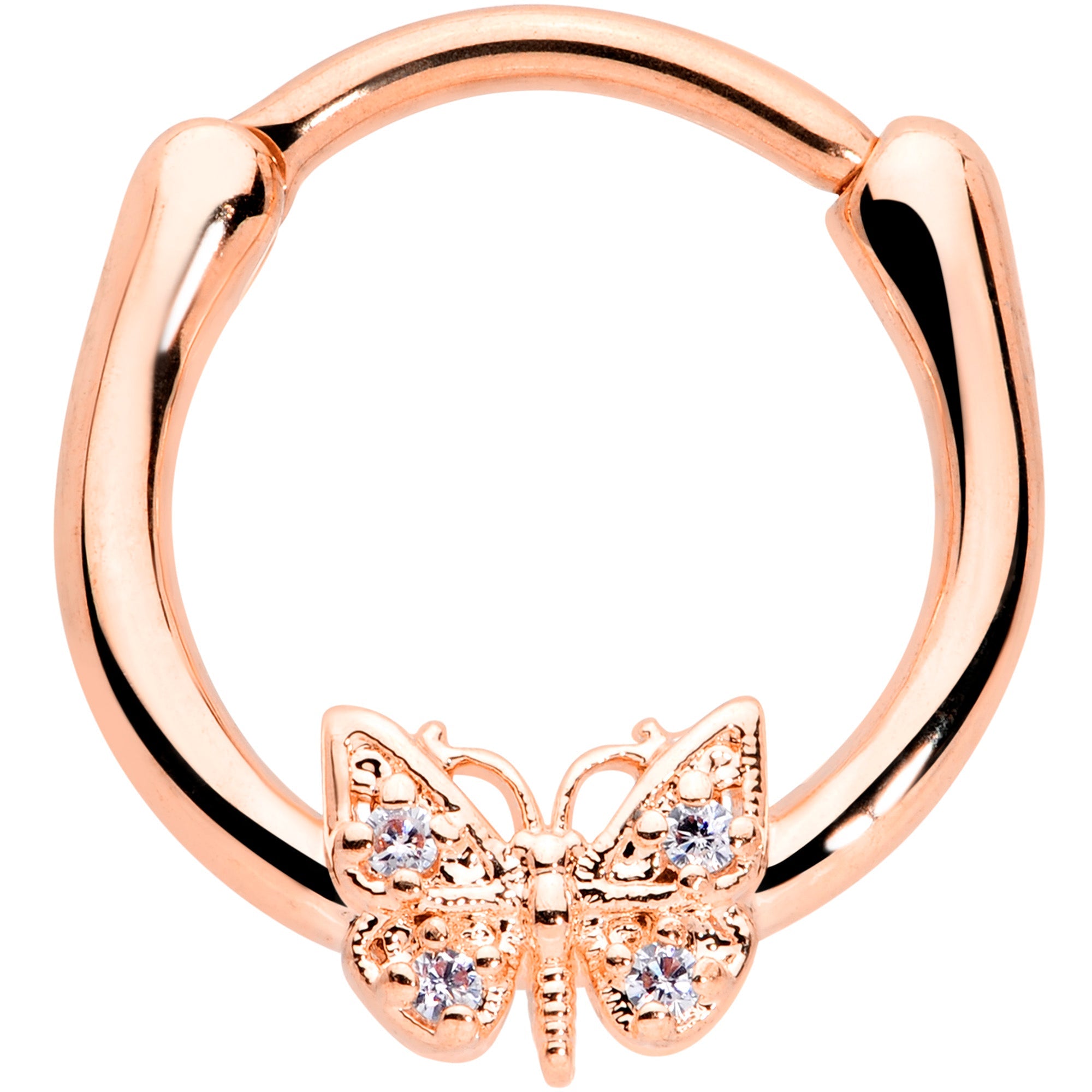 16G 3/8 Clear Gem Rose Gold Hue Butterfly Cartilage Clicker