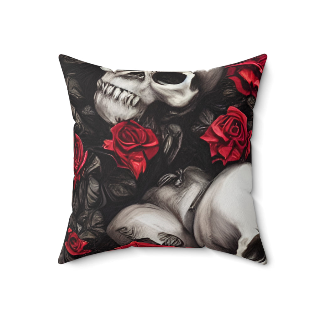 Hyper Realistic Skulls and Red Roses by artist Anne-Laure Goupil Spun Polyester Square Pillow