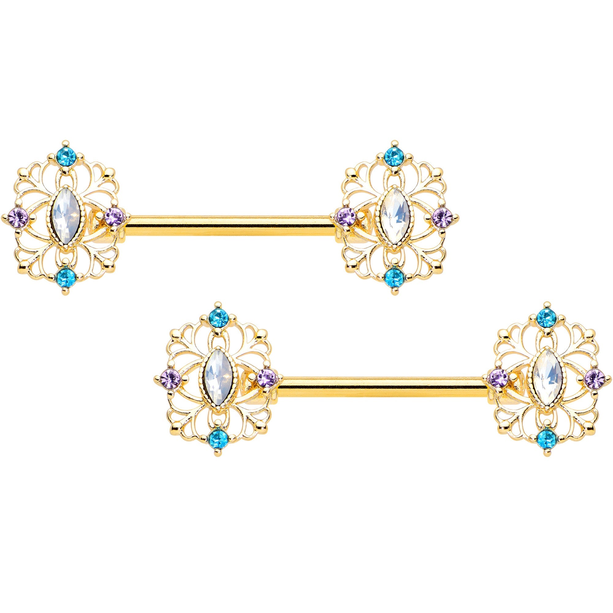 14G 9/16 White Synth Opal Gold Tone Web Barbell Nipple Ring Set