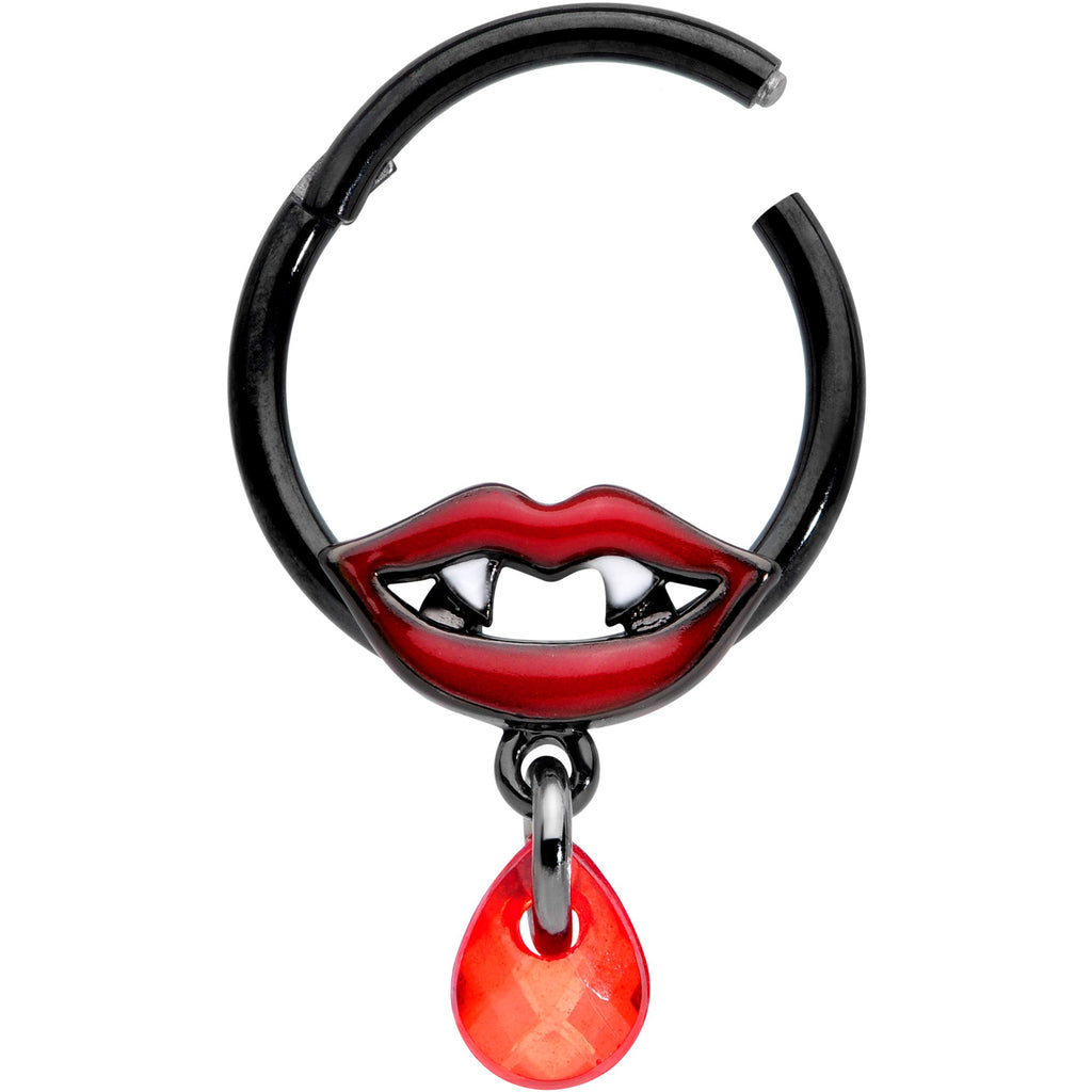 16G 3/8 Red Gem Black Vampire Fang Halloween Hinged Segment Ring