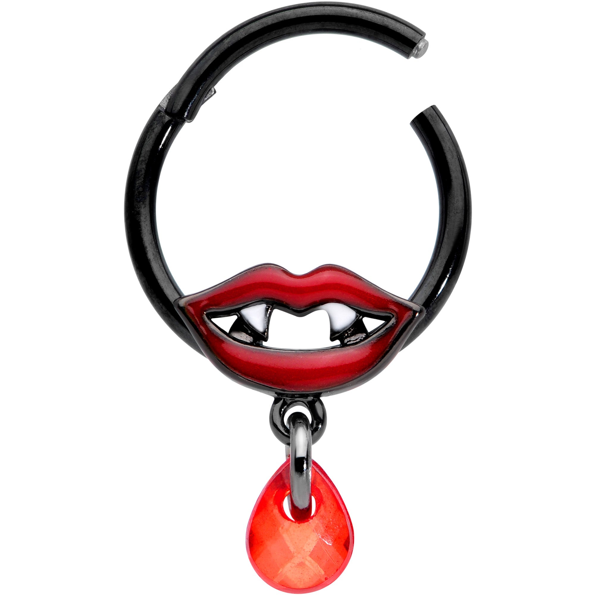 16G 3/8 Red Gem Black Vampire Fang Halloween Hinged Segment Ring