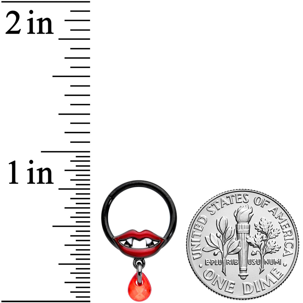 16G 3/8 Red Gem Black Vampire Fang Halloween Hinged Segment Ring