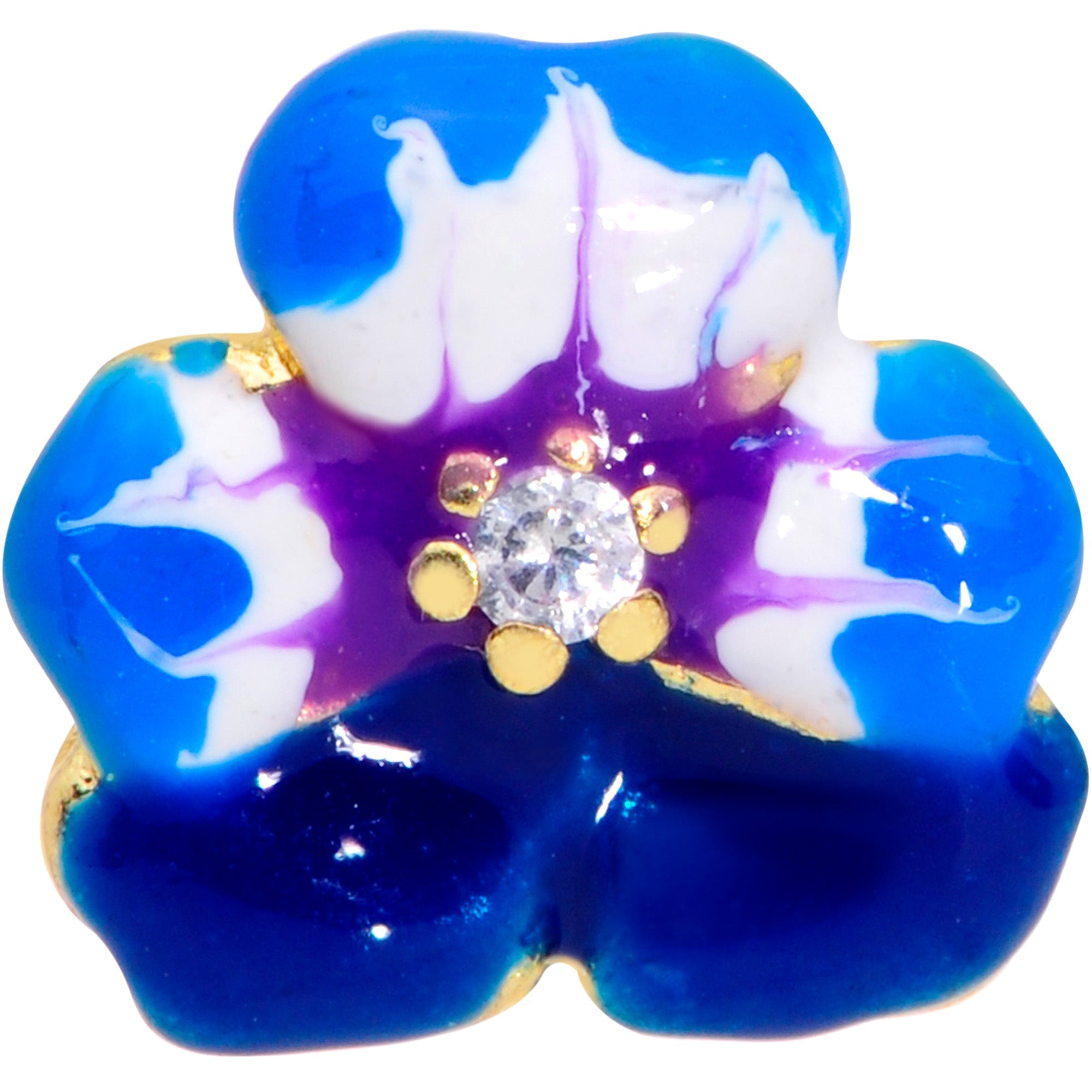 16G 5/16 Clear CZ Gem Gold Tone Blue Spring Flower Labret Monroe