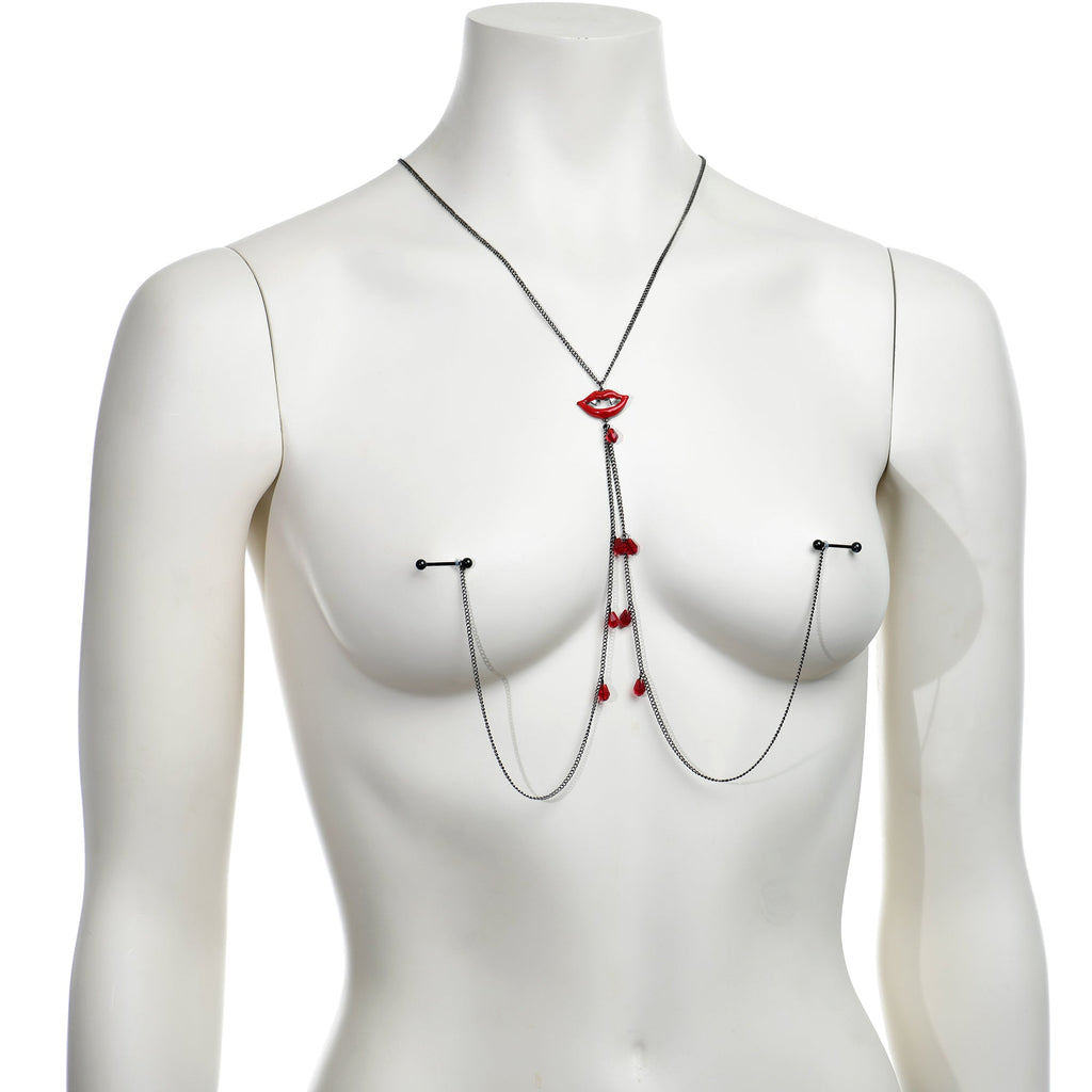 14G 9/16 Red Gem Vampire Lips Halloween Nipple Chain Necklace