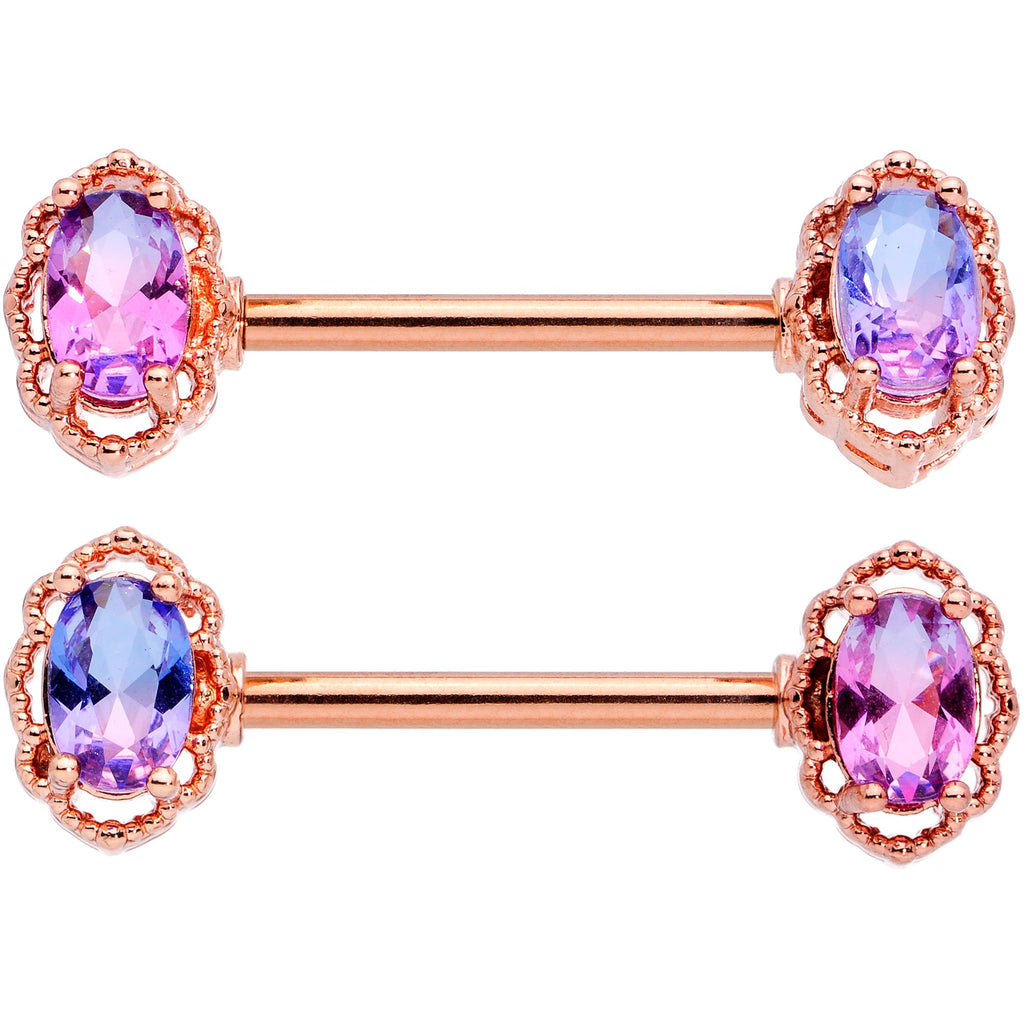 14G 9/16 Purple Tourmaline Rose Gold Tone Nipple Ring Set