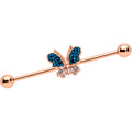 14G Aqua Gem Rose Gold Hue Butterfly Industrial Barbell 38mm