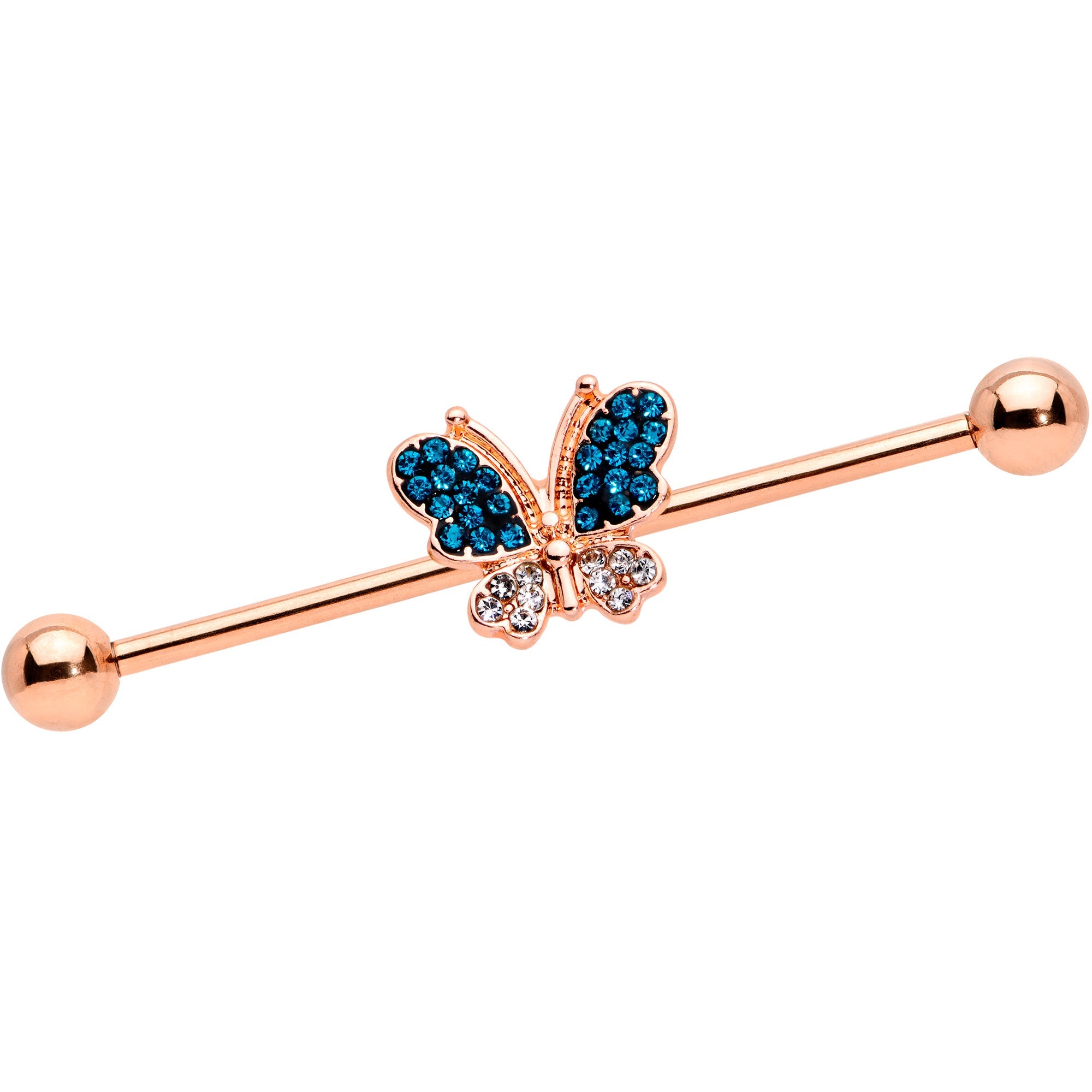 14G Aqua Gem Rose Gold Hue Butterfly Industrial Barbell 38mm