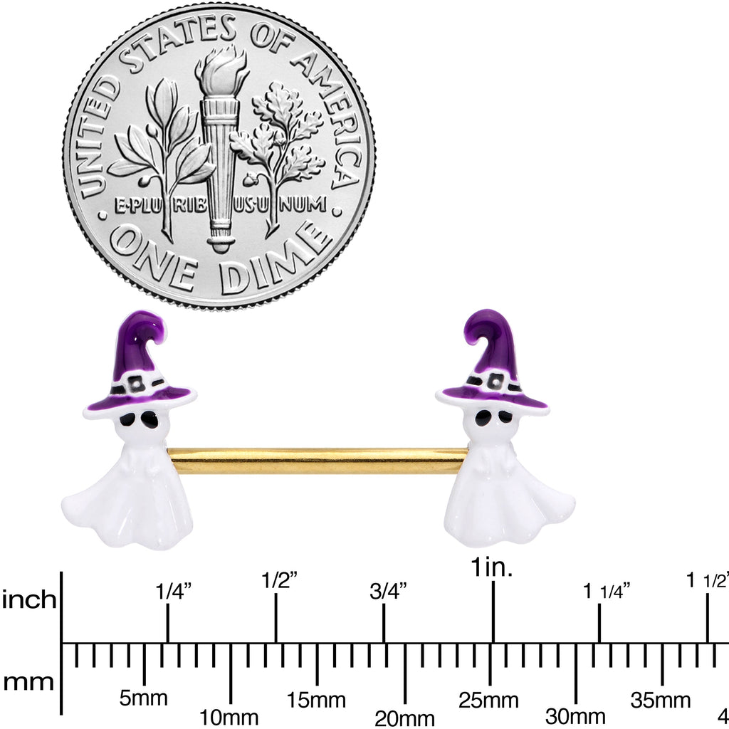 14G 9/16 Gold Tone Ghost Witch Halloween Barbell Nipple Ring Set
