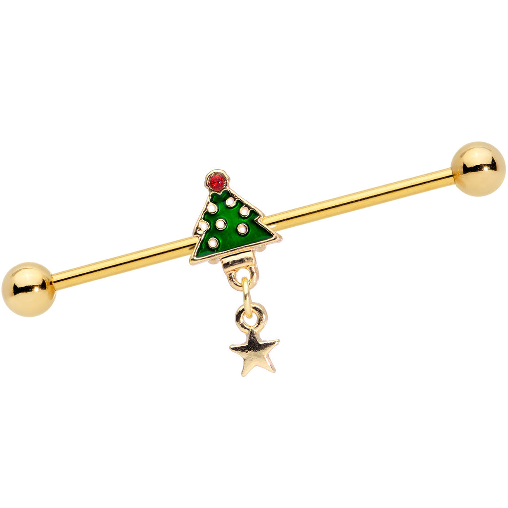 14G Red Gem Star Christmas Tree Dangle Industrial Barbell 38mm