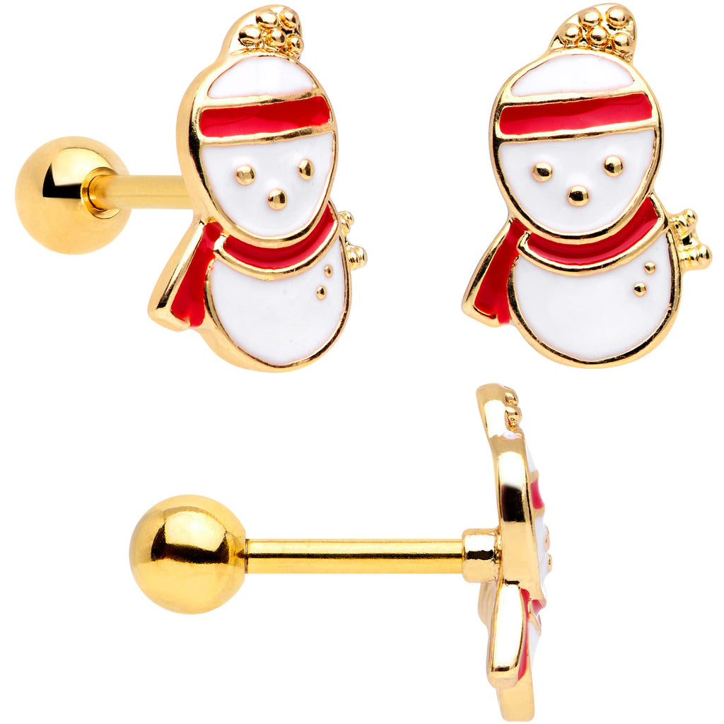 16G 1/4 Gold Tone Snowman Christmas Cartilage Tragus Set of 3