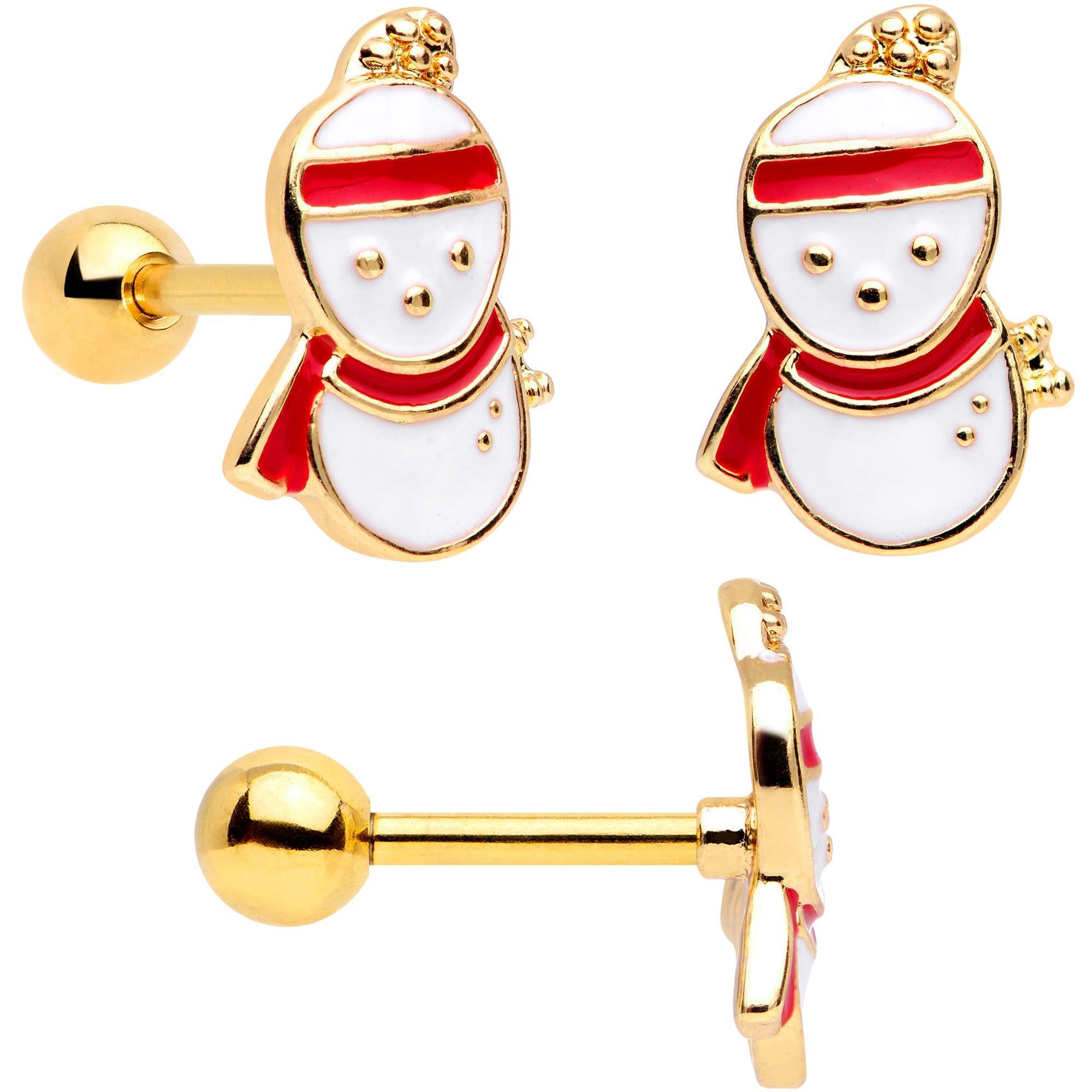 16G 1/4 Gold Tone Snowman Christmas Cartilage Tragus Set of 3