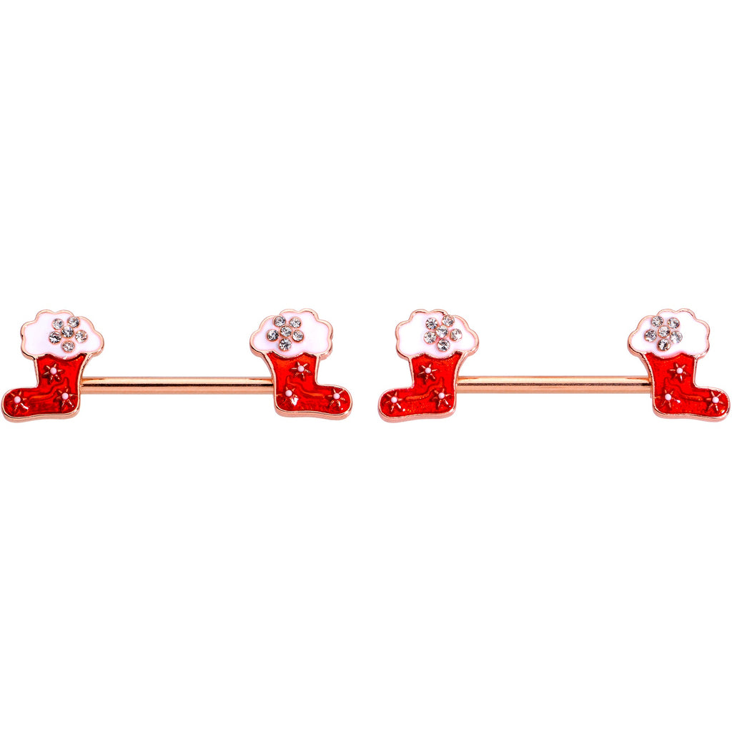 14G 9/16 Rose Gold Tone Stocking Christmas Nipple Ring Set