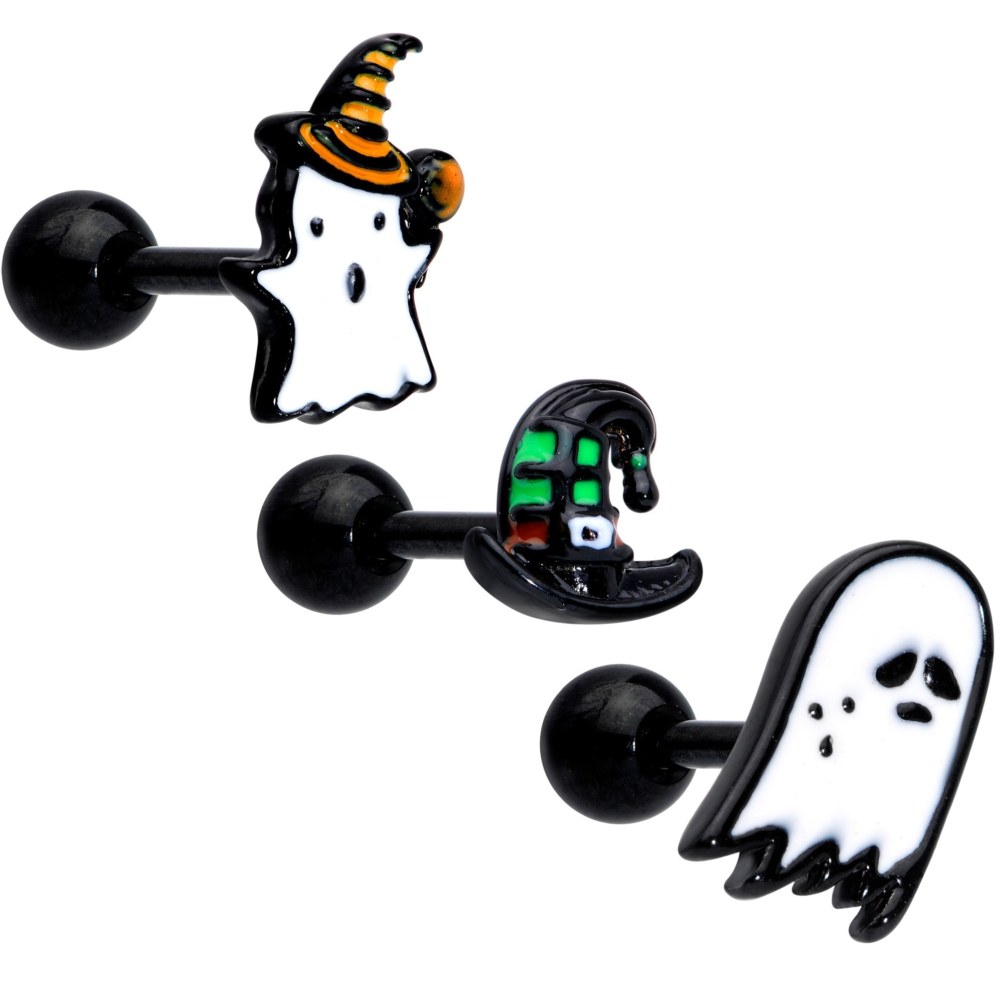 16G 1/4 Black Hat Sad Ghost Halloween Cartilage Tragus Set of 3