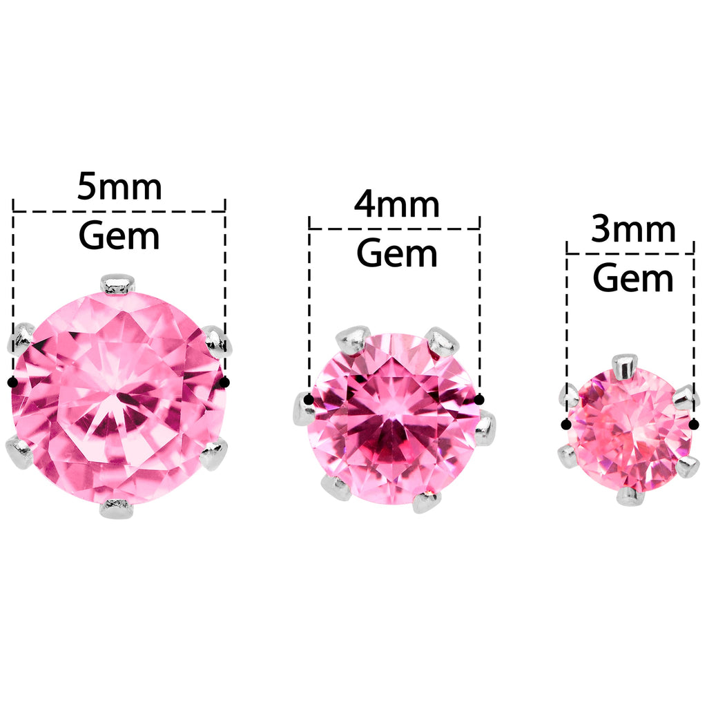 20G Pink CZ Gem 3mm to 5mm Post Stud Earring Set of 3