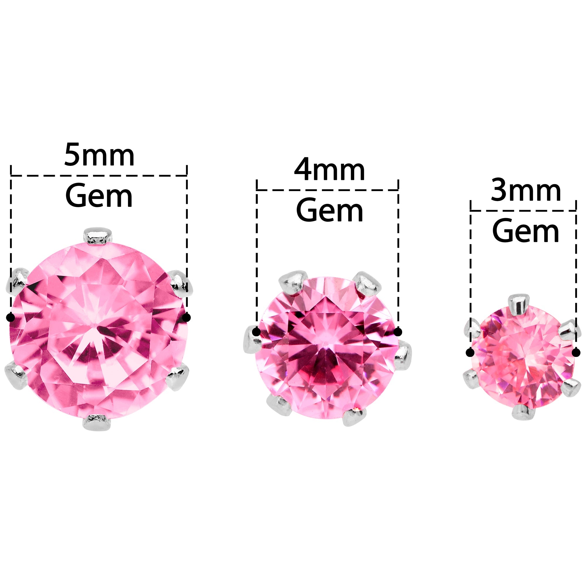 20G Pink CZ Gem 3mm to 5mm Post Stud Earring Set of 3