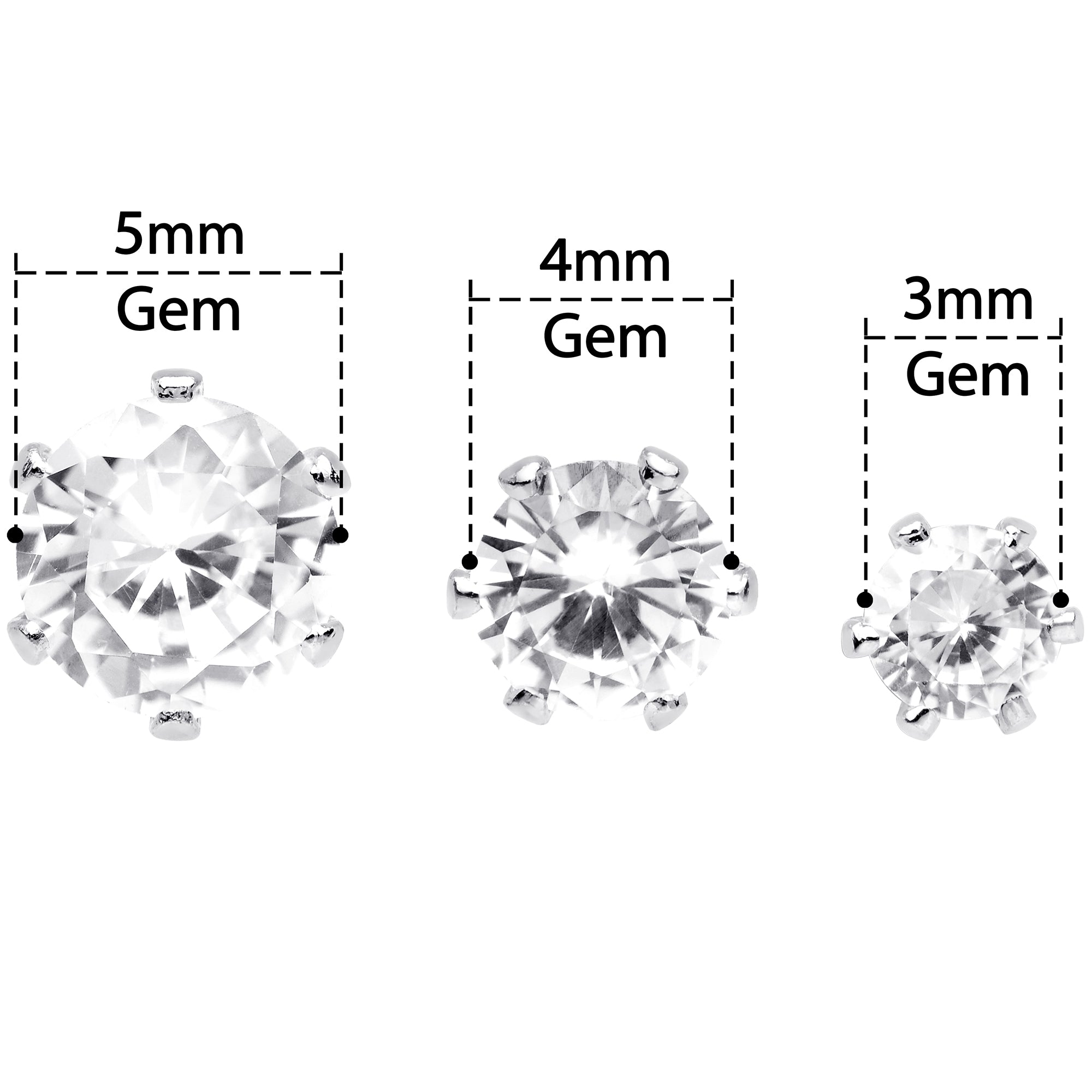 20G Clear CZ Gem 3mm to 5mm Post Stud Earring Set of 3