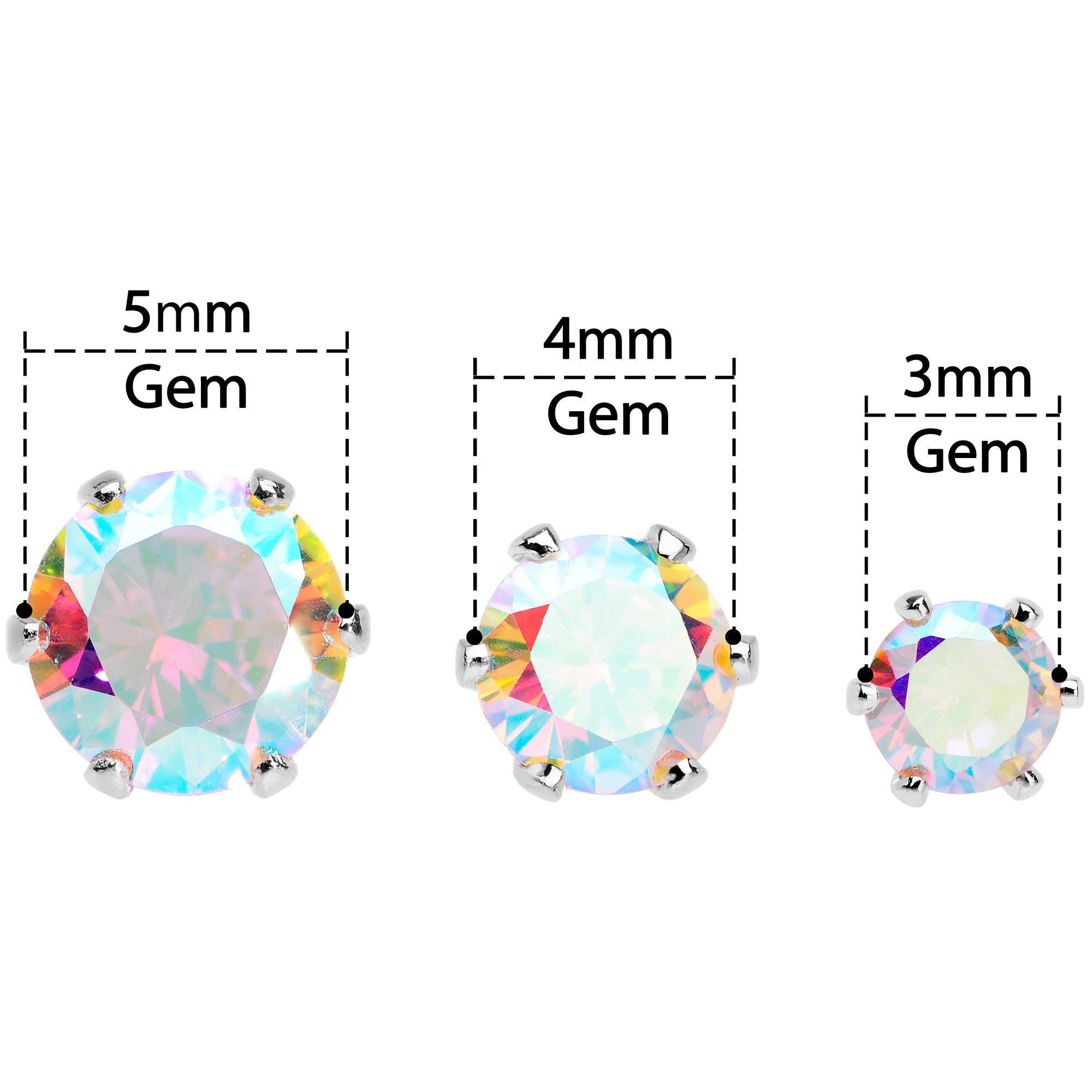 20G Aurora CZ Gem 3mm to 5mm Post Stud Earring Set of 3