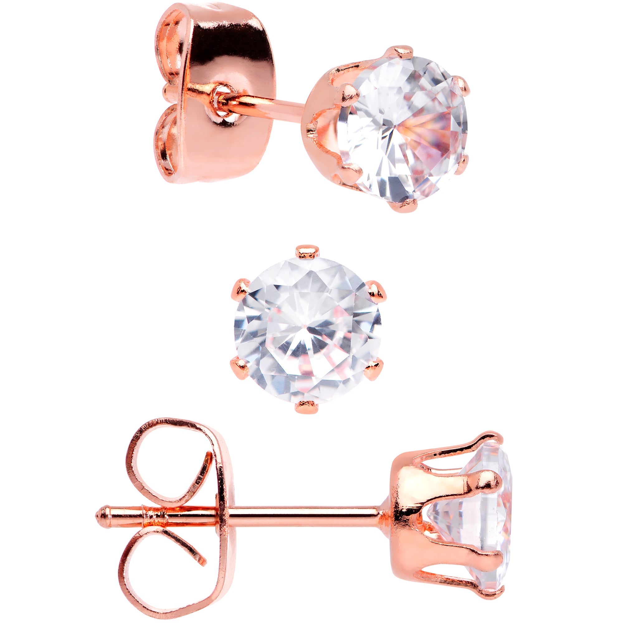 20G Clear CZ Gem Rose Gold Tone Post Stud Earring Set of 3