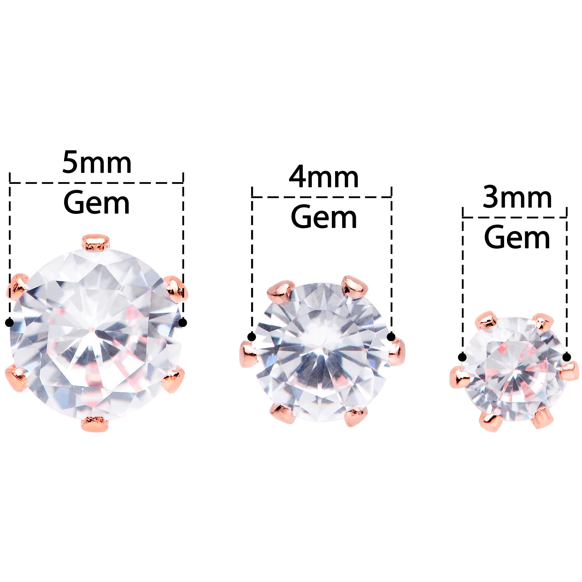 20G Clear CZ Gem Rose Gold Tone Post Stud Earring Set of 3