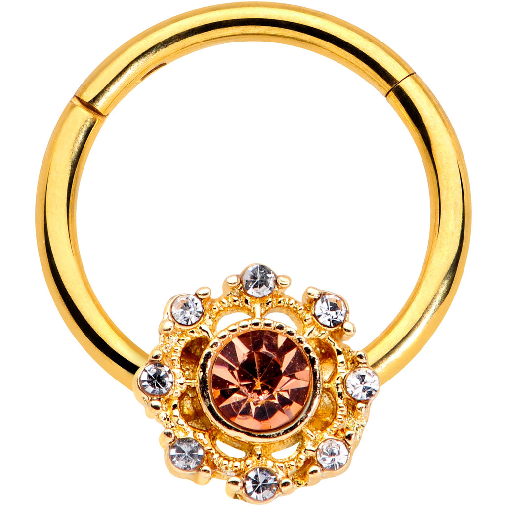 16G 3/8 Clear Pink CZ Gem Gold Tone Sunburst Hinged Segment Ring