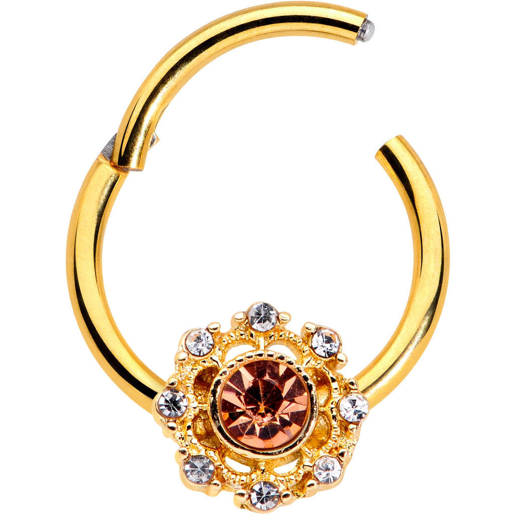 16G 3/8 Clear Pink CZ Gem Gold Tone Sunburst Hinged Segment Ring