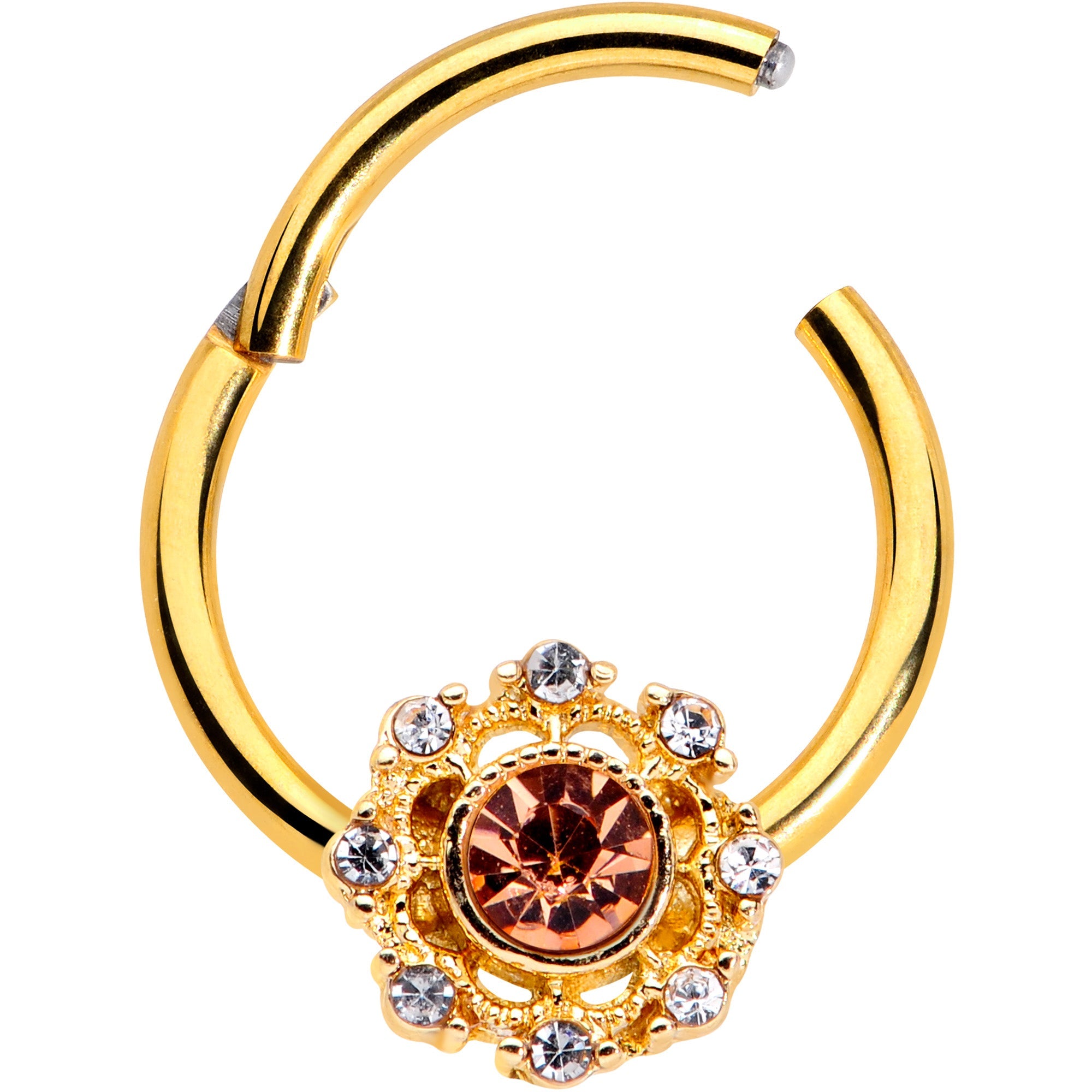 16G 3/8 Clear Pink CZ Gem Gold Tone Sunburst Hinged Segment Ring