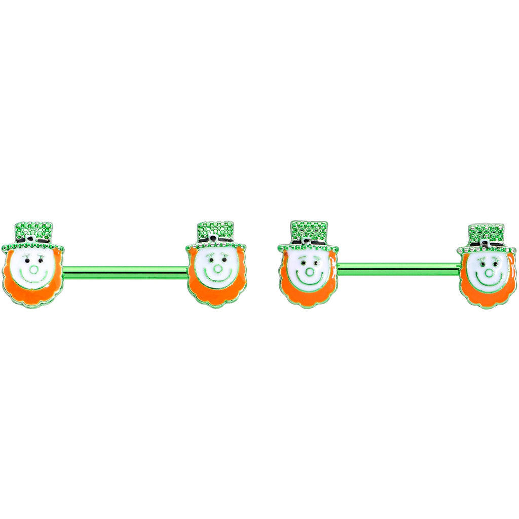 14G 9/16 Green Gem Leprechaun St Patricks Day Nipple Ring Set