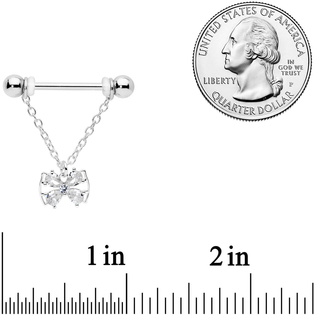 14G 11/16 Clear CZ Gem Beauty Bow Chain Dangle Nipple Ring Set