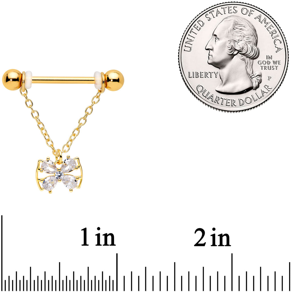 14G 11/16 Clear CZ Gem Gold Hue Beauty Bow Chain Nipple Ring Set