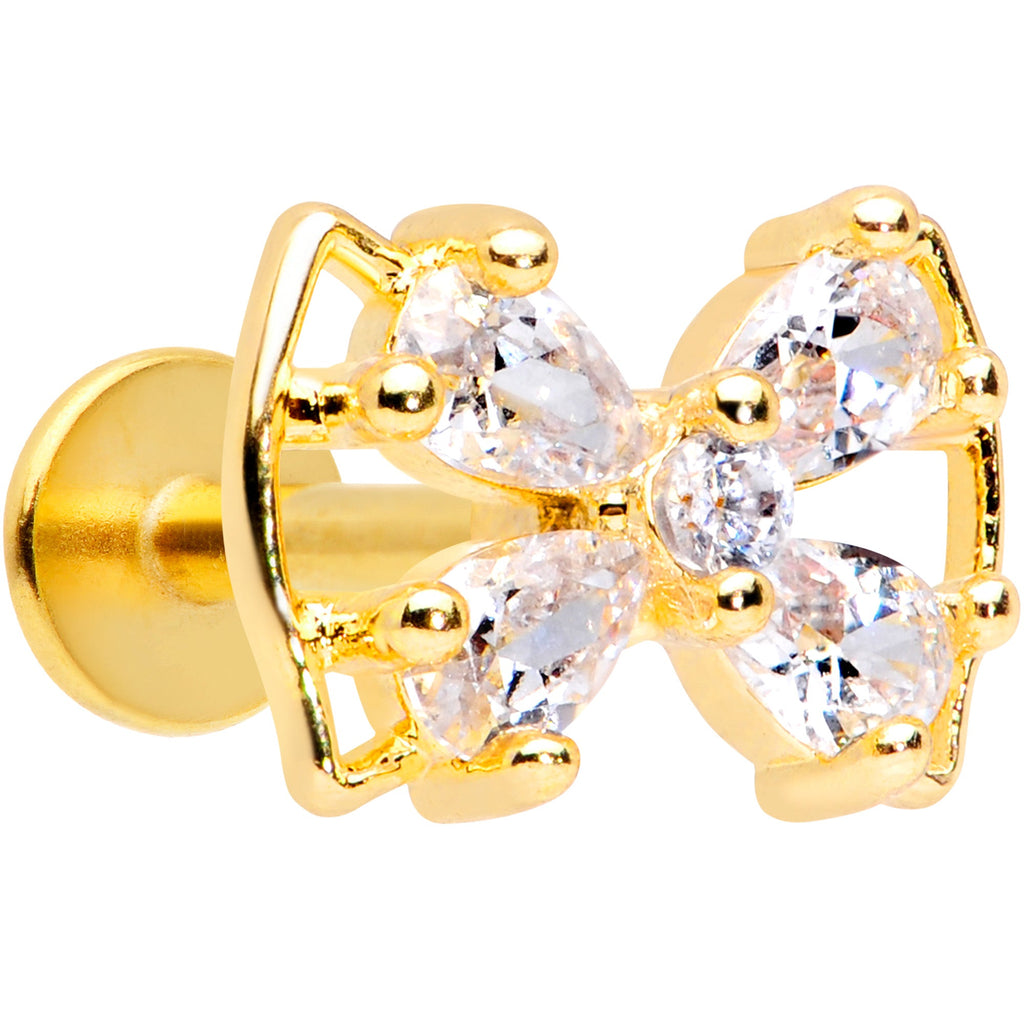 16G 5/16 Clear CZ Gem Gold Tone Beauty Bow Labret Monroe Tragus