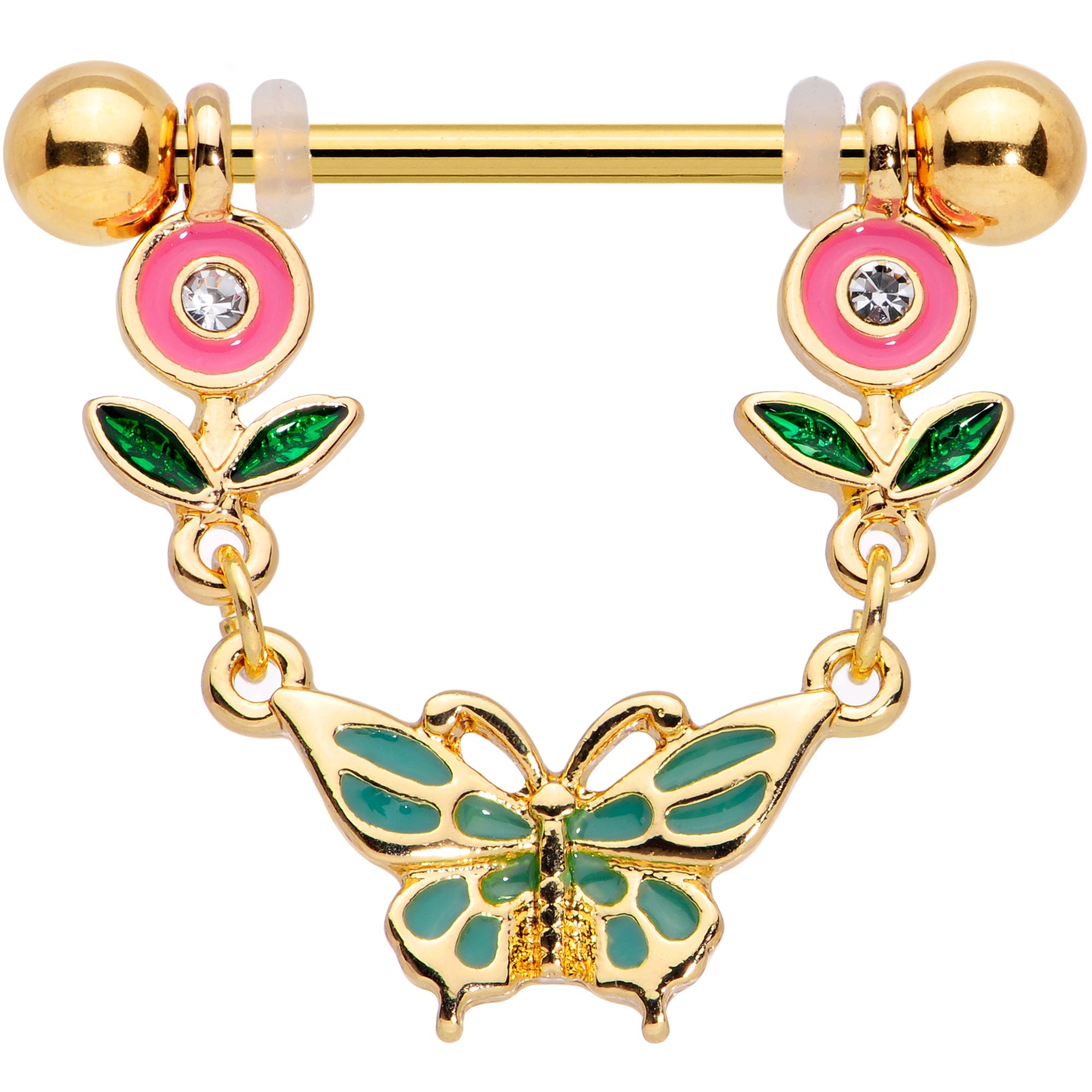 14G 9/16 Clear Gem Gold Tone Butterfly Flower Nipple Ring Set