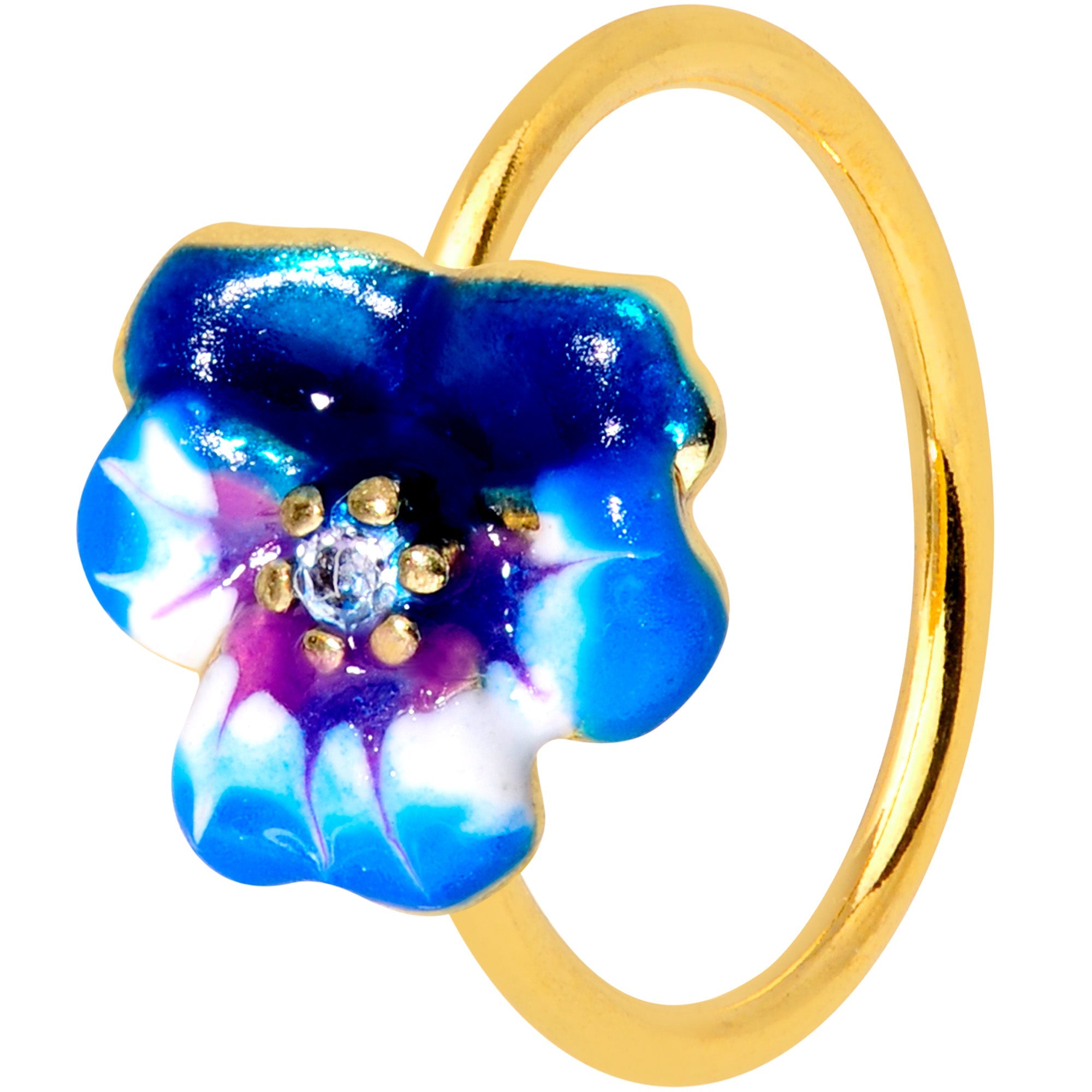 20G 5/16 Clear CZ Gem Gold Tone Blue Spring Flower Nose Hoop