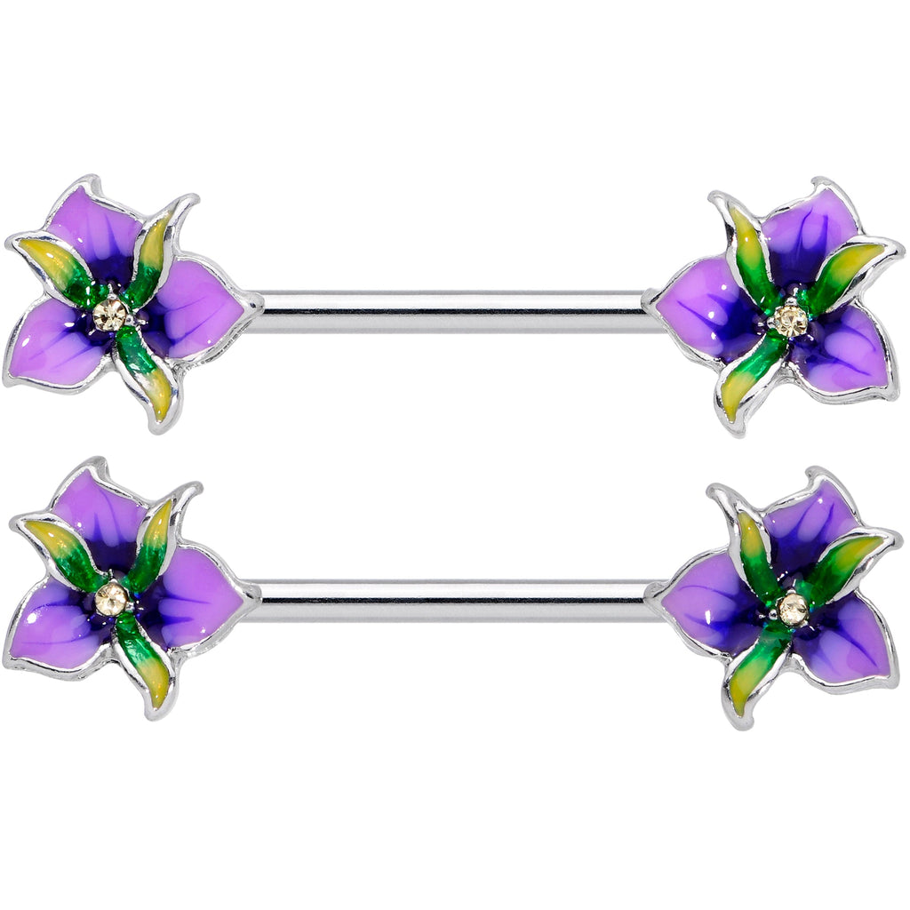 14G 9/16 Clear Gem Purple Iris Flower Barbell Nipple Ring Set