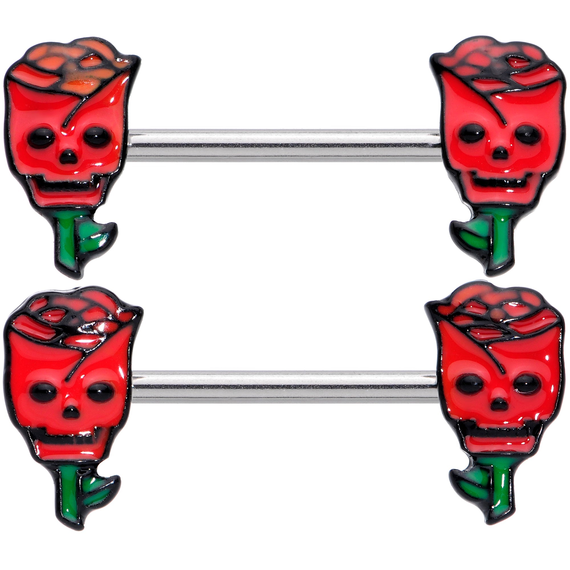 14G 9/16 Skull Red Roses Valentine Barbell Nipple Ring Set