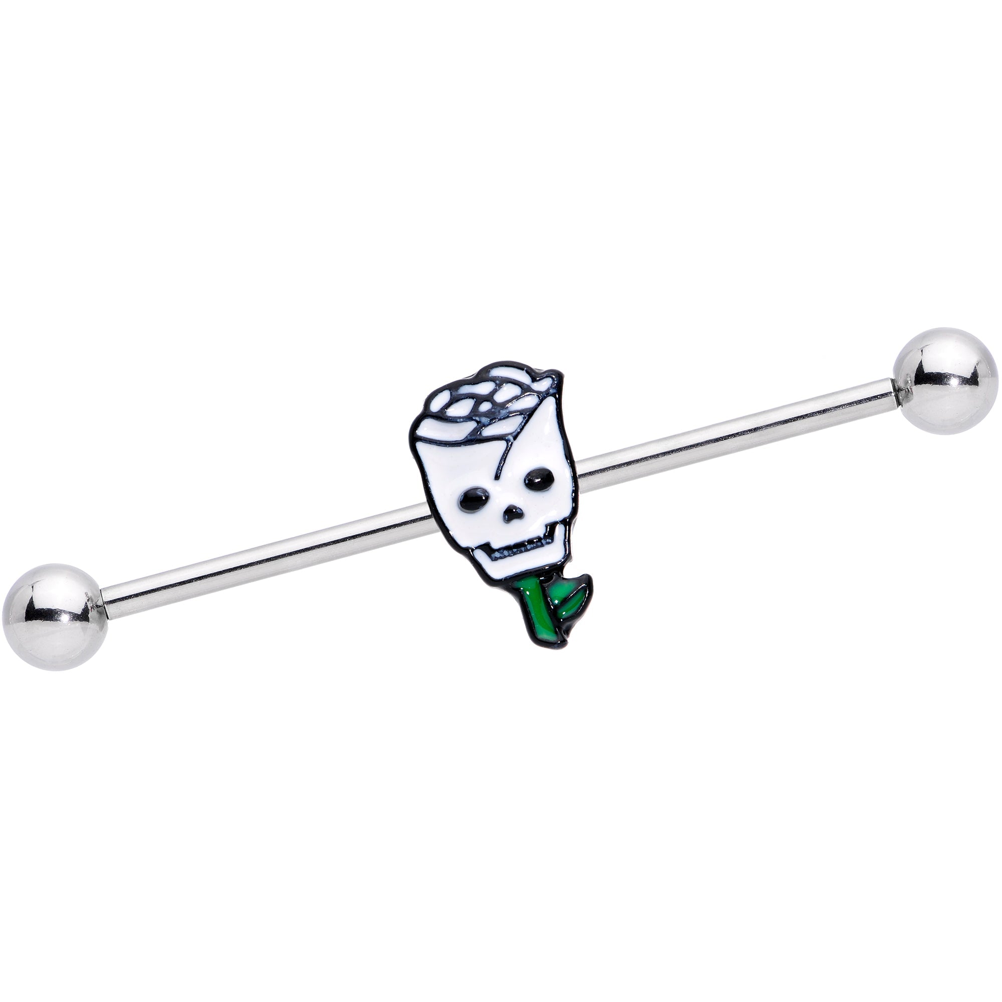 14G Skull White Rose Valentines Industrial Barbell 38mm