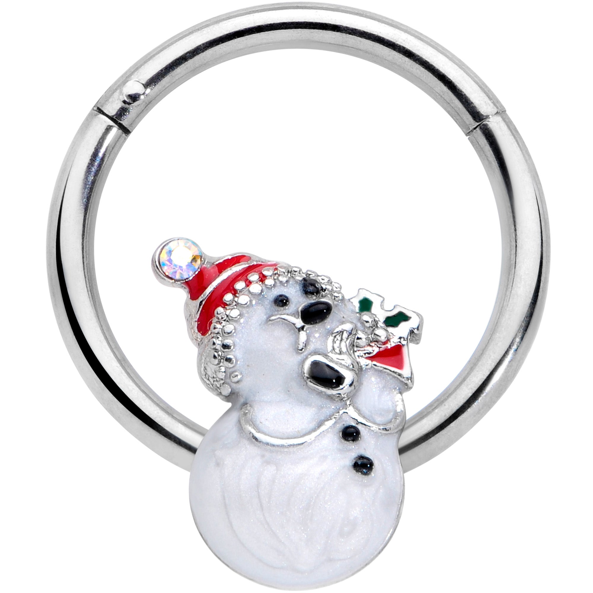 16G 3/8 Clear Gem Snowman Christmas Hinged Segment Ring