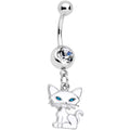 Clear Gem Blue Eyed White Cat Dangle Belly Ring