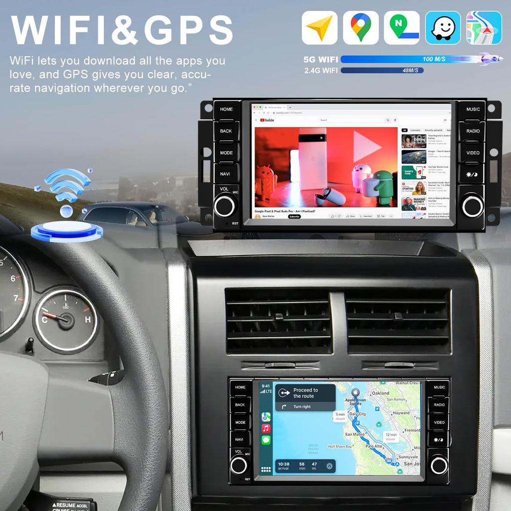 5G WiFi Upgrade Car Radio for Jeep Liberty 2008-2012, Dodge Grand Caravan 2008-2020, Chrysler Town & Country 2008-2016, 7 Inch Wireless CarPlay Android Auto Touch Screen Stereo, GPS BT FM SWC Camera