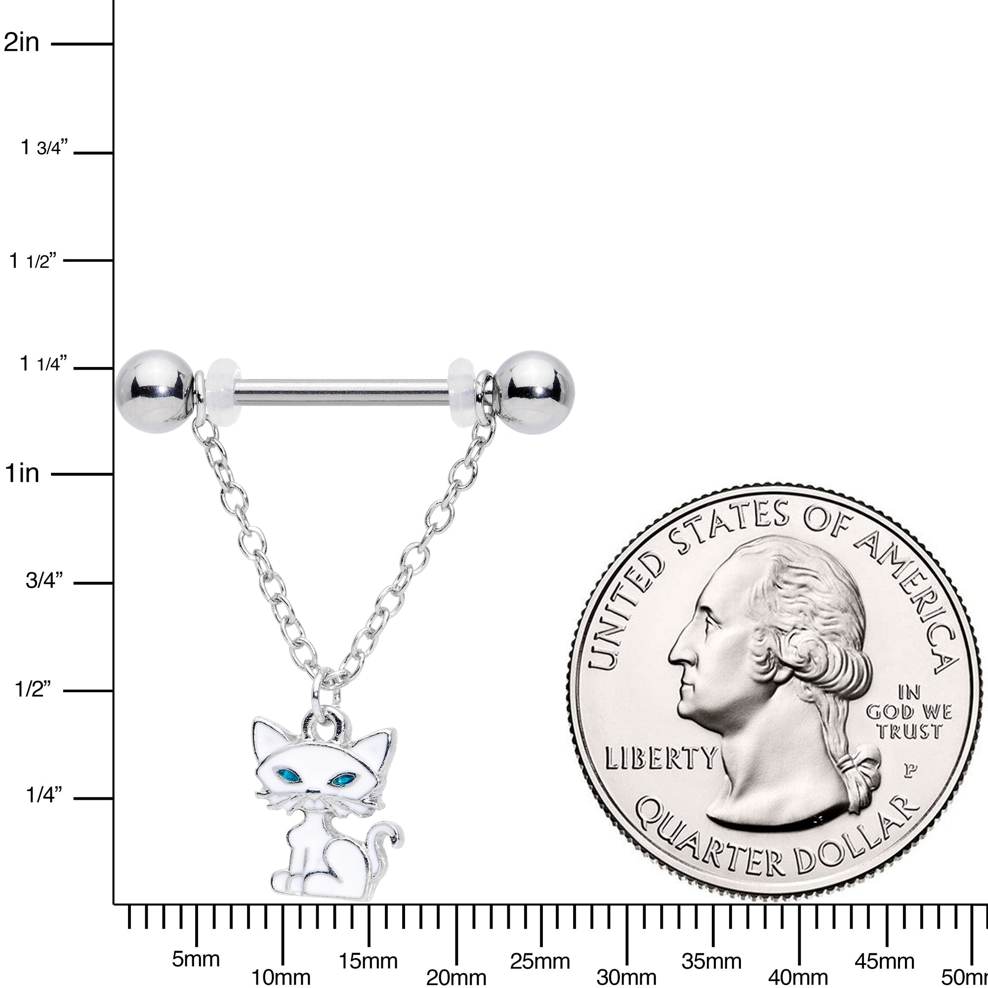 14G 9/16 Blue Eyed White Cat Dangle Barbell Nipple Ring Set