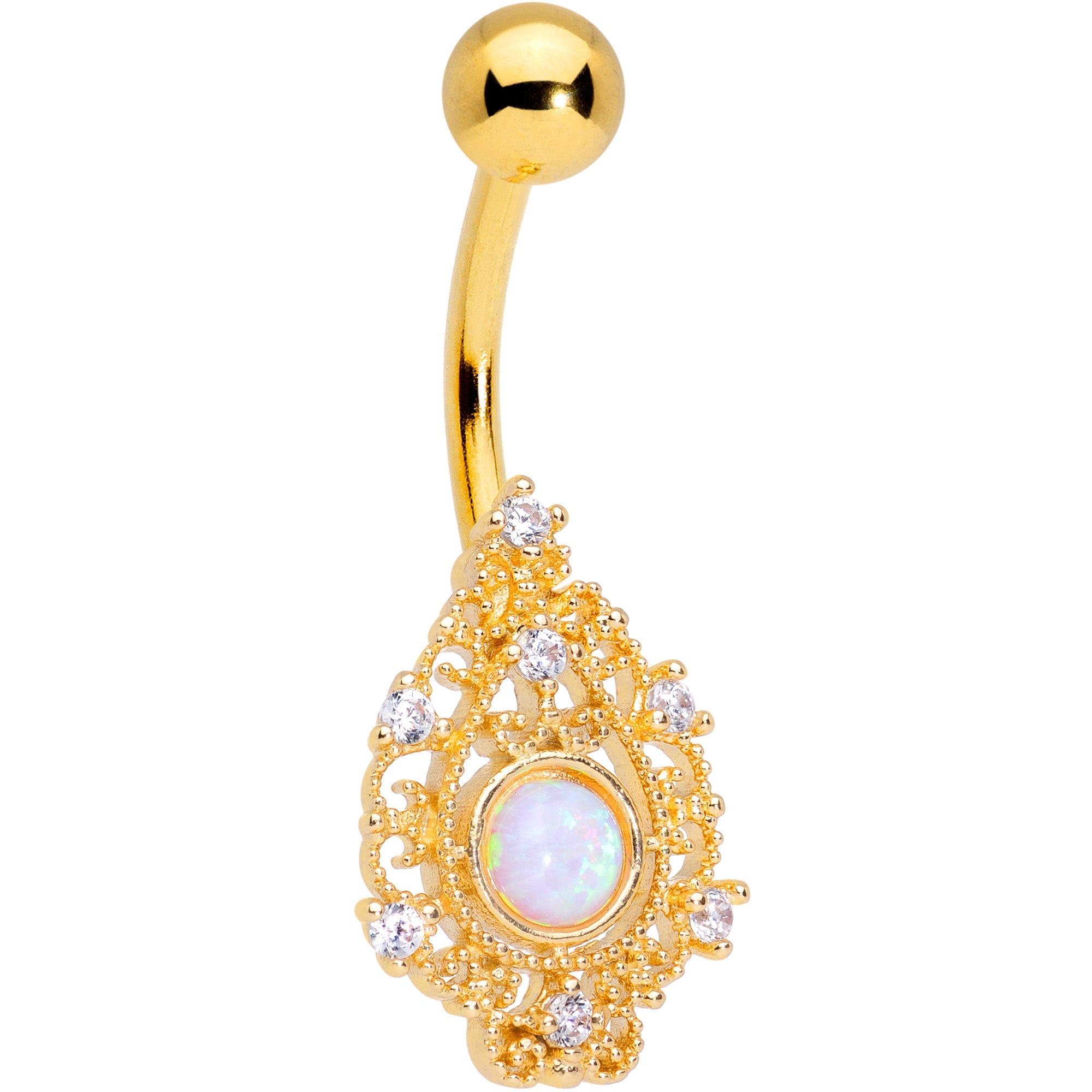 White Synthetic Opal Gold Tone Scrolling Oval Belly Ring
