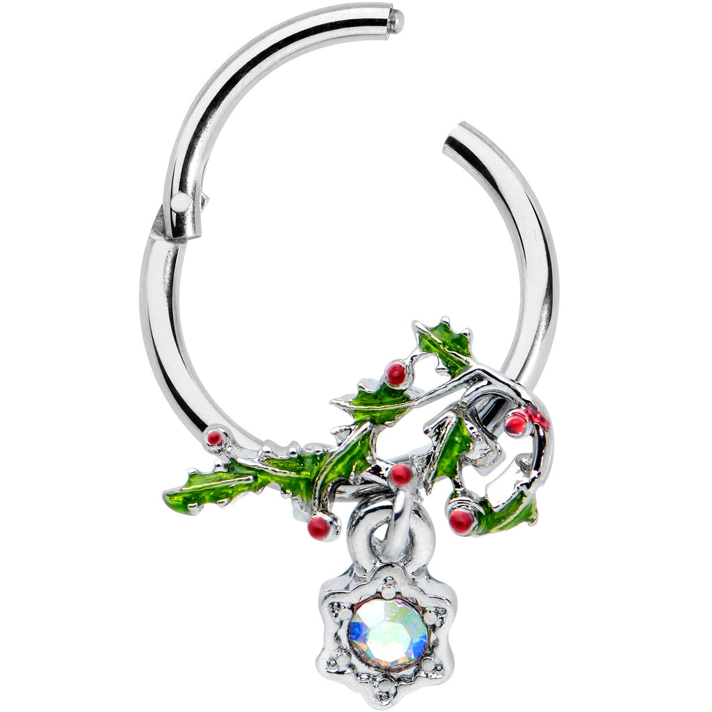 16G 3/8 Aurora CZ Candy Cane Holly Christmas Hinged Segment Ring