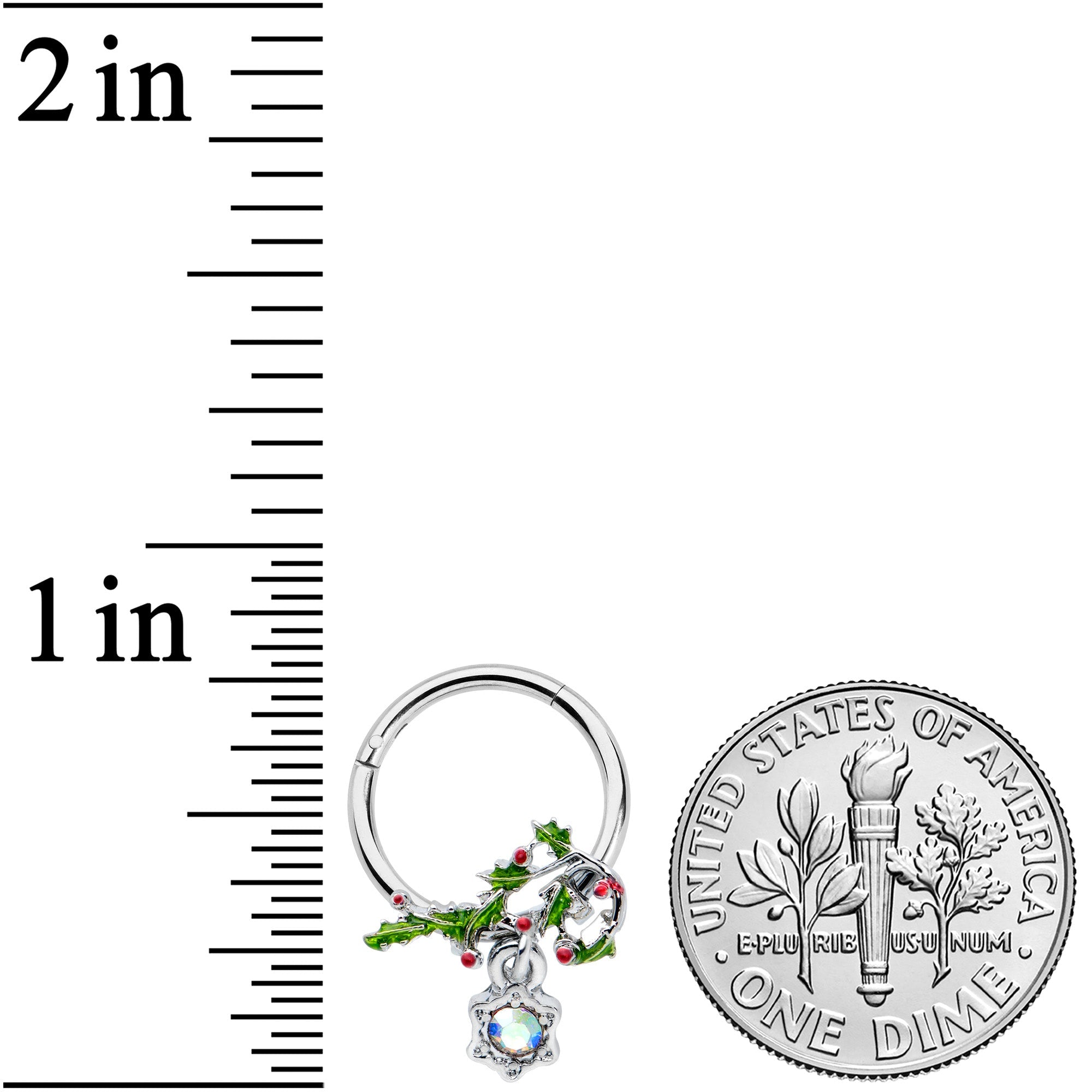 16G 3/8 Aurora CZ Candy Cane Holly Christmas Hinged Segment Ring