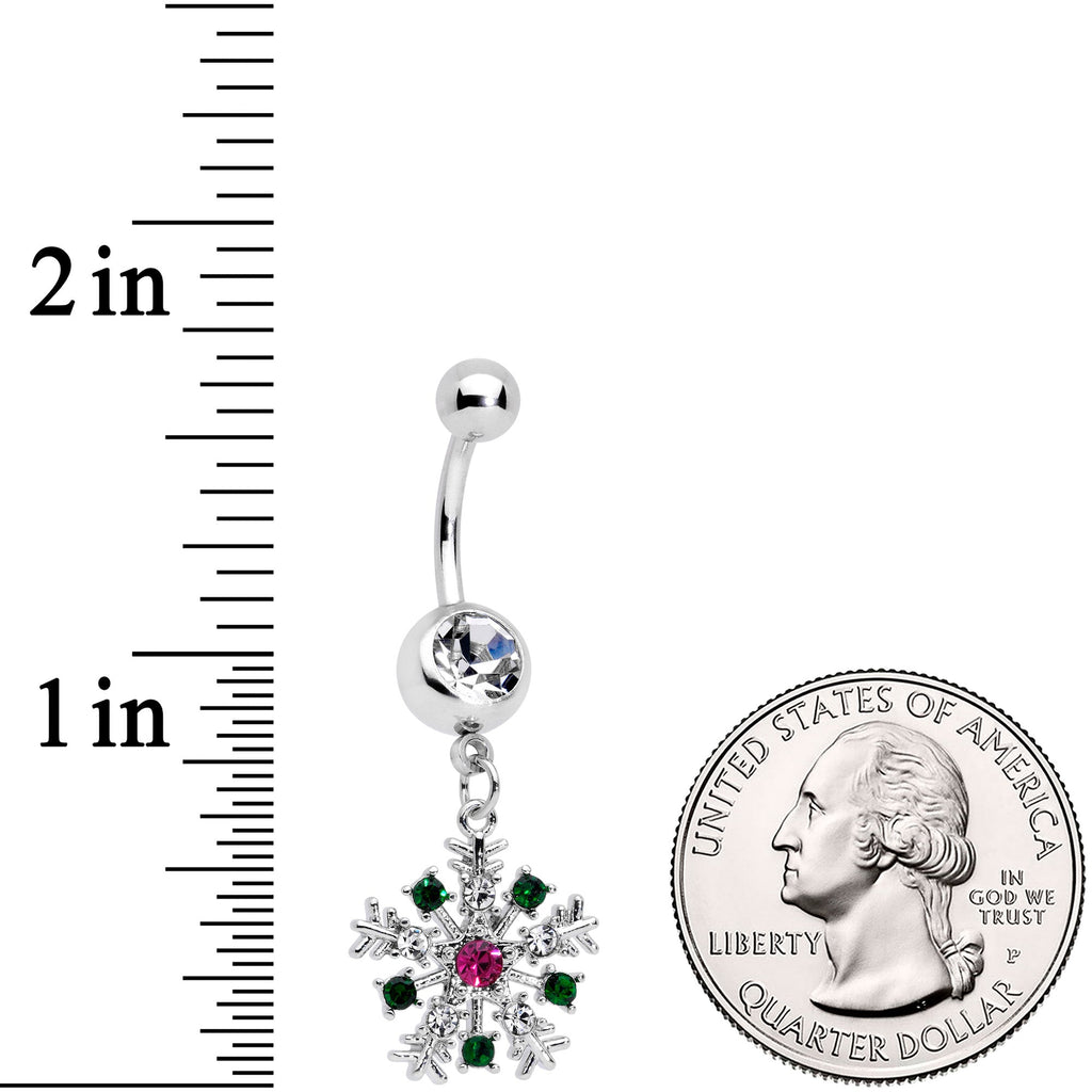 Clear Pink Green Gem Snowflake Holiday Dangle Belly Ring