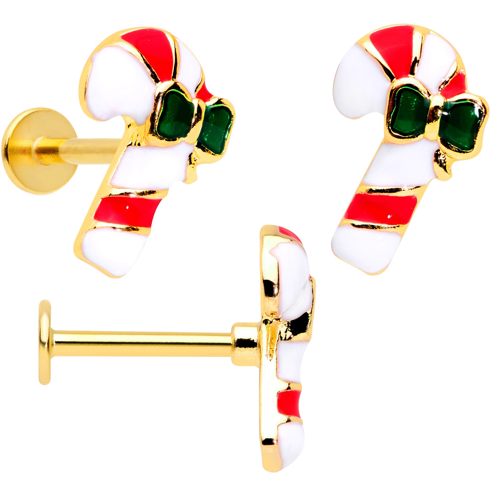 16G 5/16 Gold Tone Candy Cane Santa Tree Labret Tragus Set of 3