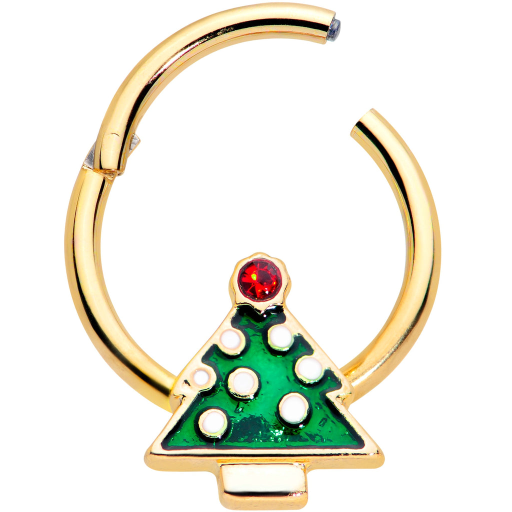 16G 3/8 Red Gem Gold Tone Christmas Tree Hinged Segment Ring