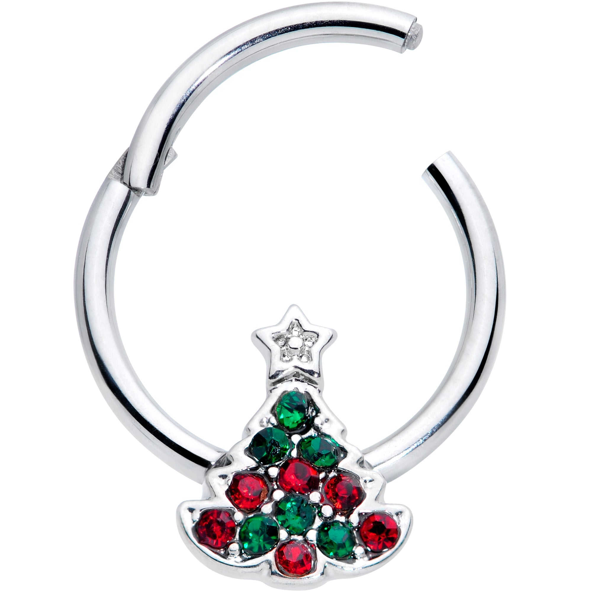 16G 3/8 Red Green Gem Starry Christmas Tree Hinged Segment Ring