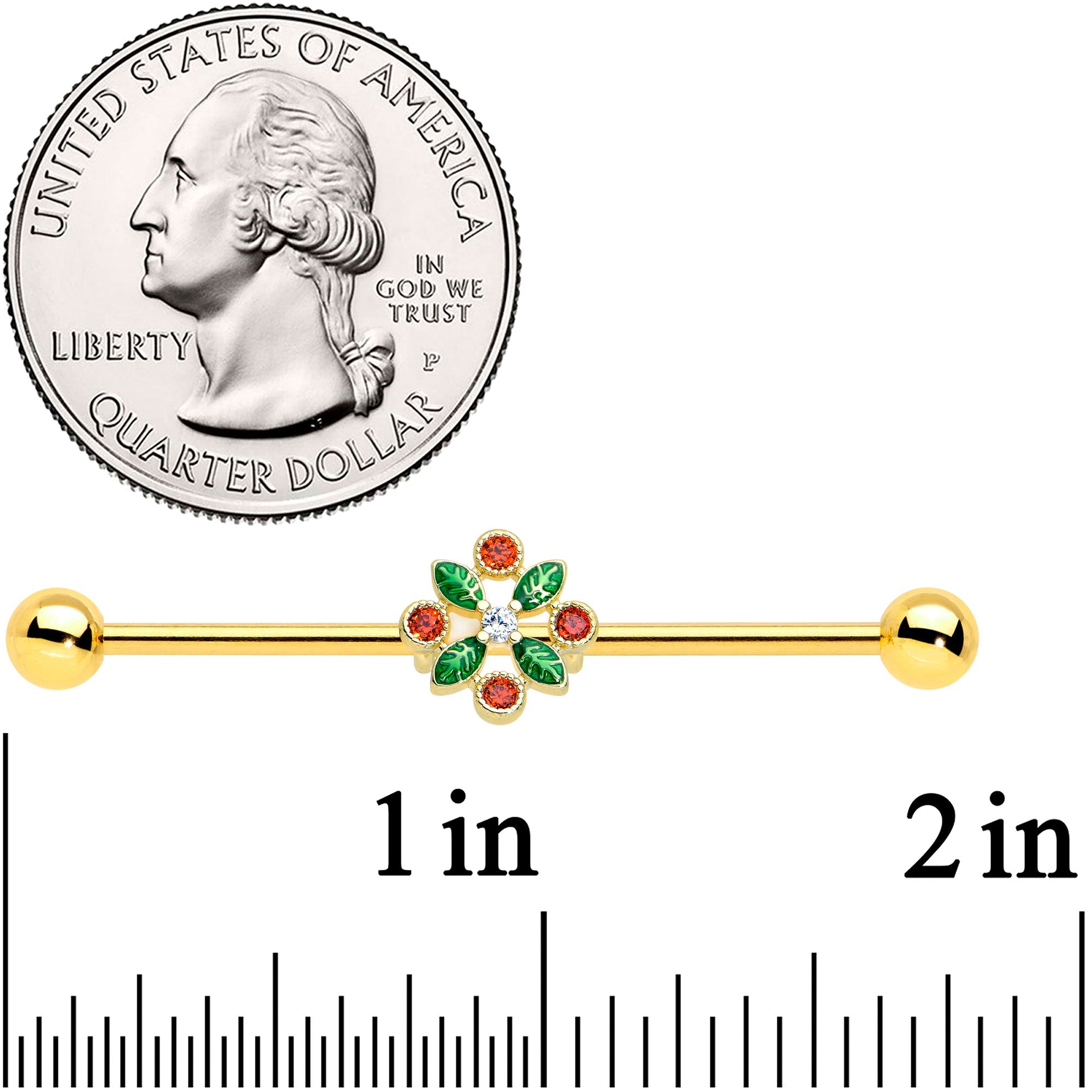 14G Red Gem Gold Tone Crest Christmas Industrial Barbell 38mm